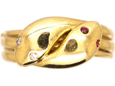 Victorian 18ct Gold, Double Snake Ring with Diamond & Ruby Set Eyes