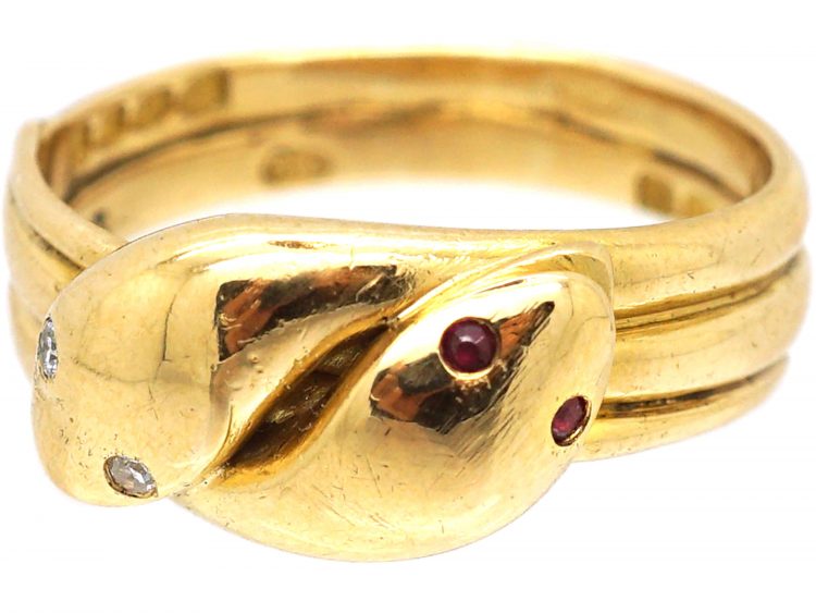 Victorian 18ct Gold, Double Snake Ring with Diamond & Ruby Set Eyes