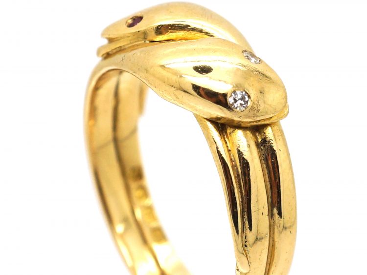 Victorian 18ct Gold, Double Snake Ring with Diamond & Ruby Set Eyes