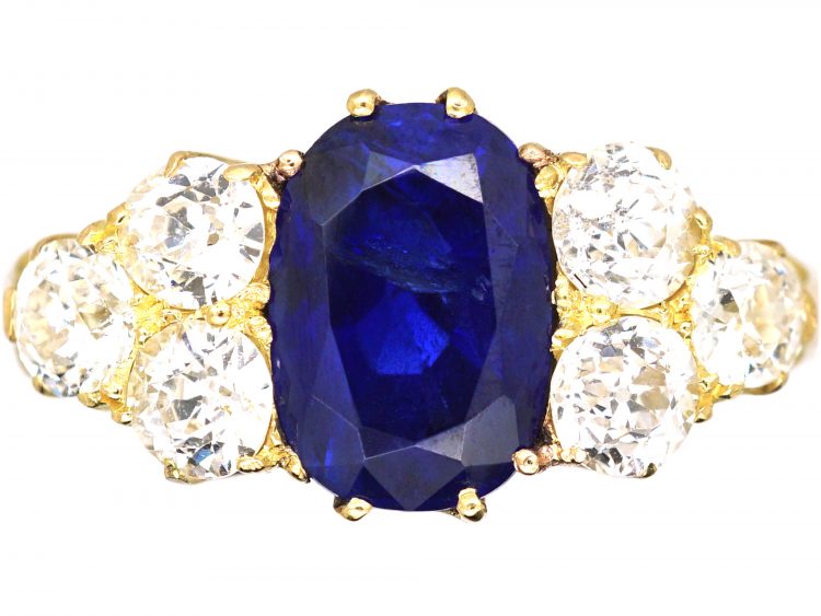 Victorian 18ct Gold Carved Half Hoop Ring set with a Burma Sapphire & Old Mine Cut Diamonds