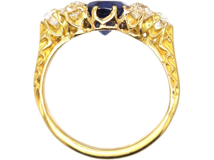 Victorian 18ct Gold Carved Half Hoop Ring set with a Burma Sapphire & Old Mine Cut Diamonds