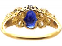 Victorian 18ct Gold Carved Half Hoop Ring set with a Burma Sapphire & Old Mine Cut Diamonds