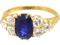 Victorian 18ct Gold Carved Half Hoop Ring set with a Burma Sapphire & Old Mine Cut Diamonds