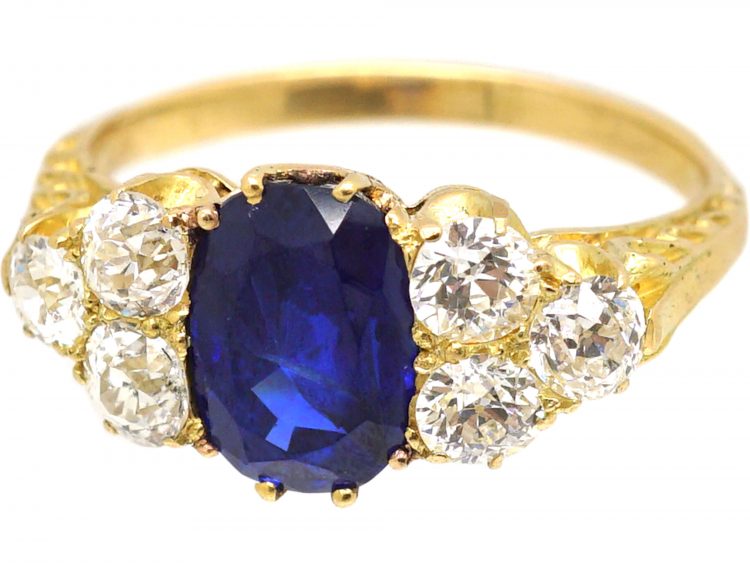 Victorian 18ct Gold Carved Half Hoop Ring set with a Burma Sapphire & Old Mine Cut Diamonds