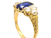 Victorian 18ct Gold Carved Half Hoop Ring set with a Burma Sapphire & Old Mine Cut Diamonds