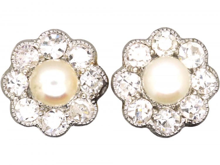 Edwardian 18ct Gold & Platinum, Diamond & Natural Pearl Cluster Earrings