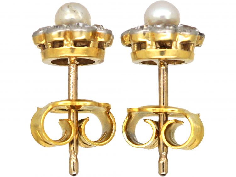 Edwardian 18ct Gold & Platinum, Diamond & Natural Pearl Cluster Earrings