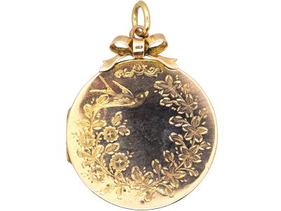 Edwardian 9ct Gold Back & Front Round Locket Engraved with Swallows & Roses