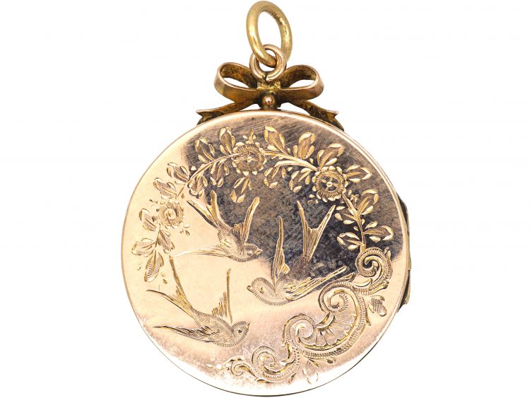 Edwardian 9ct Gold Back & Front Round Locket Engraved with Swallows & Roses