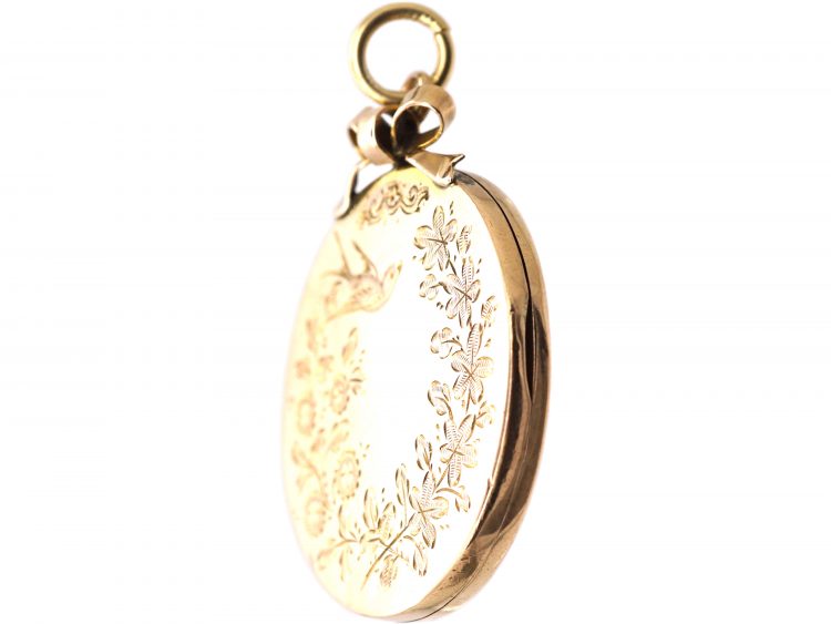 Edwardian 9ct Gold Back & Front Round Locket Engraved with Swallows & Roses