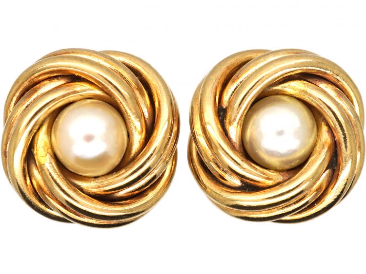 Mid 20th Century 9ct Gold & Pearl Knot Earrings