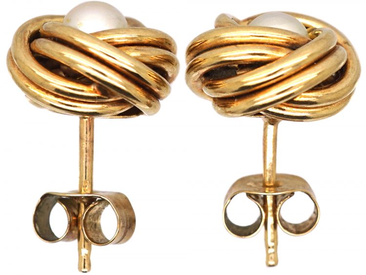 Mid 20th Century 9ct Gold & Pearl Knot Earrings