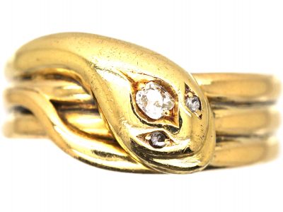 Victorian 18ct Gold Snake Ring set with a Diamond with Rose Diamond Eyes