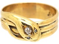 Victorian 18ct Gold Snake Ring set with a Diamond with Rose Diamond Eyes