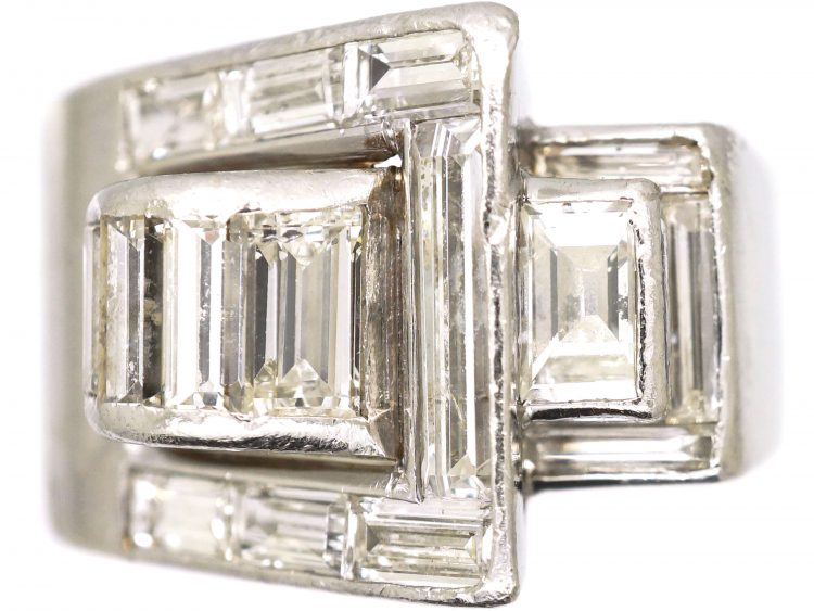 Retro Platinum Buckle Ring set with Baguette Diamonds