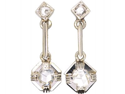 Art Deco 14ct White Gold, Rose Diamond Drop Earrings