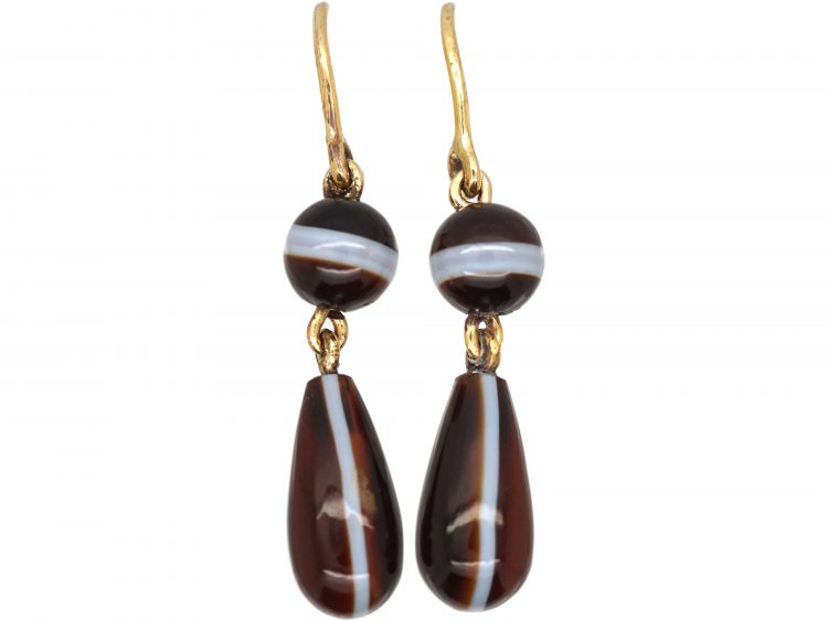 Victorian 9ct Gold & Banded Onyx Drop Earrings