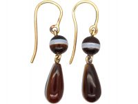 Victorian 9ct Gold & Banded Onyx Drop Earrings