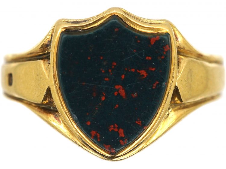 Victorian 18ct Gold Shield Shaped Signet Ring set with a Bloodstone