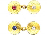 Edwardian 18ct Gold Round Cufflinks set with Diamonds, a Sapphire & a Ruby