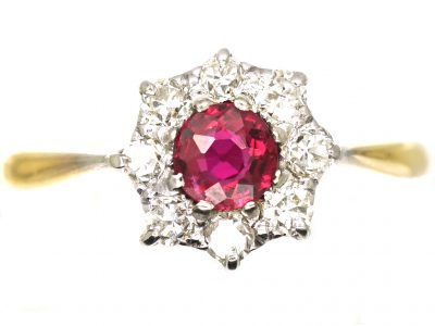 Edwardian 18ct Gold & Platinum, Ruby & Diamond Cluster Ring