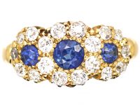 Edwardian 18ct Gold Triple Cluster Ring set with Sapphires & Diamonds