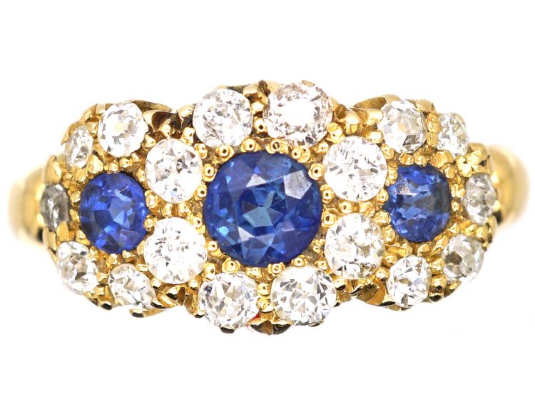 Edwardian 18ct Gold Triple Cluster Ring set with Sapphires & Diamonds