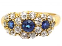 Edwardian 18ct Gold Triple Cluster Ring set with Sapphires & Diamonds