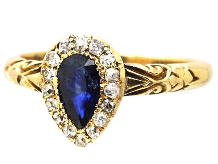 Edwardian 18ct Gold Pear Shaped Ring set with a Sapphire & Diamonds