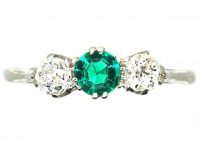 Edwardian Platinum Three Stone Emerald & Diamond Ring