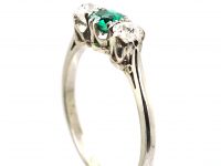 Edwardian Platinum Three Stone Emerald & Diamond Ring