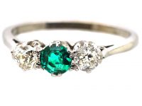 Edwardian Platinum Three Stone Emerald & Diamond Ring