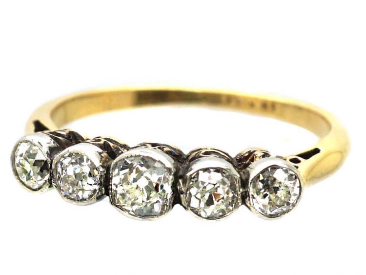 Edwardian 18ct Gold & Platinum, Five Stone Rub Over Set Diamond Ring