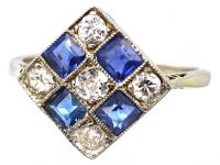 Art Deco 18ct White Gold Diamond Shaped Ring set with Sapphires & Diamonds