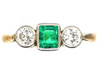 Edwardian 18ct Gold & Platinum, Square Cut Emerald & Diamond Three Stone Ring