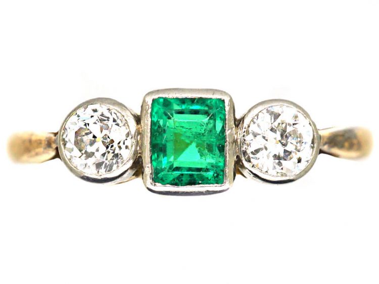 Edwardian 18ct Gold & Platinum, Square Cut Emerald & Diamond Three Stone Ring