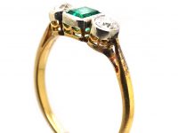 Edwardian 18ct Gold & Platinum, Square Cut Emerald & Diamond Three Stone Ring