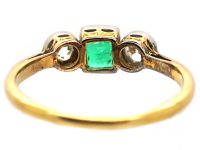 Edwardian 18ct Gold & Platinum, Square Cut Emerald & Diamond Three Stone Ring