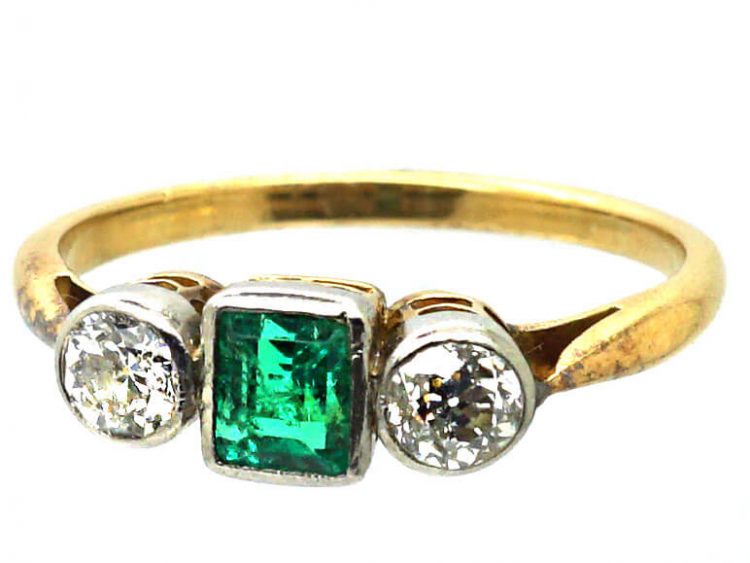 Edwardian 18ct Gold & Platinum, Square Cut Emerald & Diamond Three Stone Ring