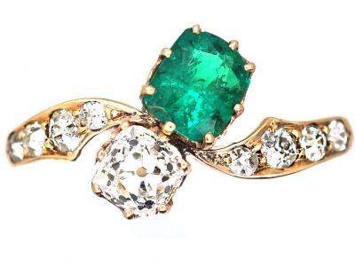 Edwardian 18ct Gold & Platinum, Square Cut Emerald & Diamond Three Stone Ring