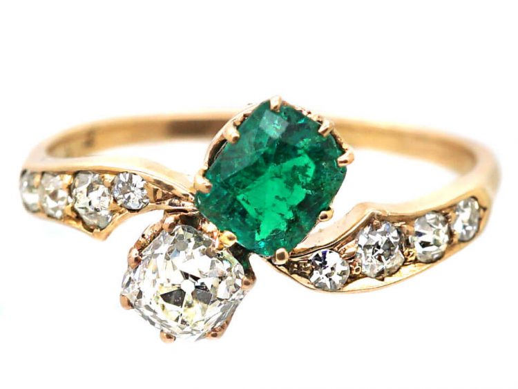 Edwardian 14ct Gold, Emerald & Diamond Crossover Ring