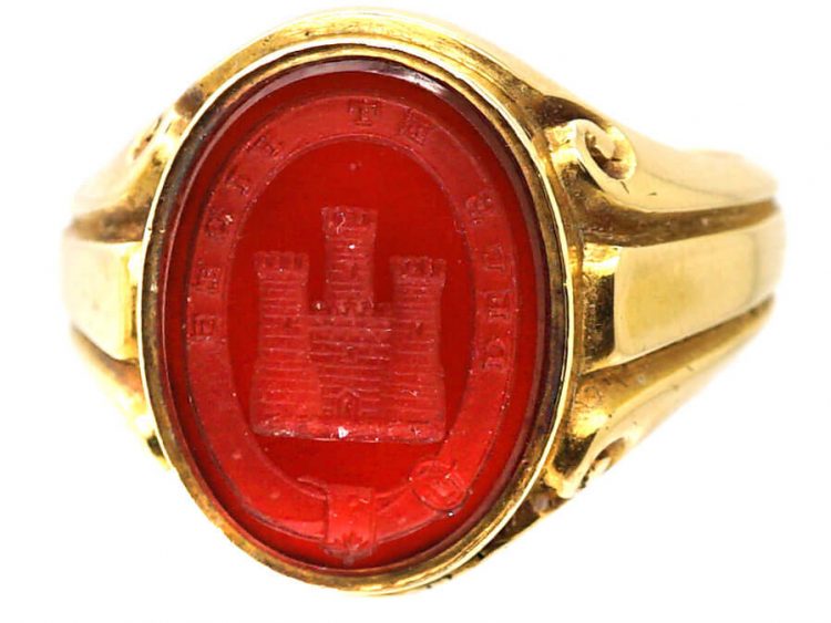 Victorian 18ct Gold Signet Ring set with a Carnelian with an Intaglio of a Castle