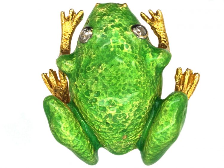 French 18ct Gold, Green Enamel Frog Brooch with Diamond Eyes by Gilberto Scardigli