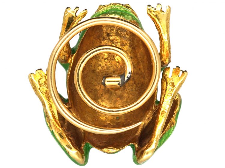 French 18ct Gold, Green Enamel Frog Brooch with Diamond Eyes by Gilberto Scardigli