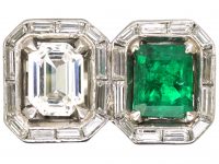 Art Deco 18ct White Gold Ring set with an Emerald & a Diamond with Baguette Diamonds Around Them