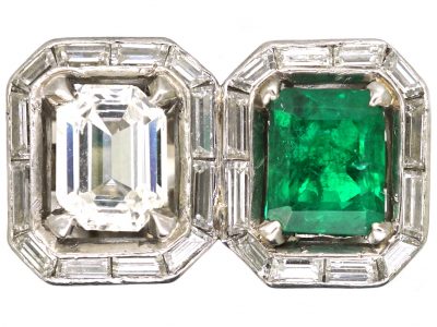 Art Deco 18ct White Gold Ring set with an Emerald & a Diamond with Baguette Diamonds Around Them