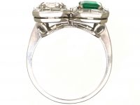 Art Deco 18ct White Gold Ring set with an Emerald & a Diamond with Baguette Diamonds Around Them