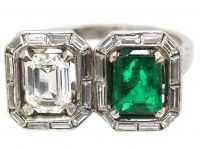 Art Deco 18ct White Gold Ring set with an Emerald & a Diamond with Baguette Diamonds Around Them