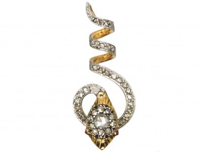 Victorian Gold & Silver Snake Pendant set with Rose Diamonds with Ruby Eyes