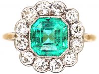 Early 20th Century 18ct Gold & Platinum, Emerald & Diamond Cluster Ring